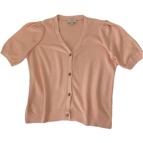 Loft Outlet Peach Puff Sleeve Spring Cardigan Sweater V-Neck Sz Large Short slvs - Picture 1 of 11